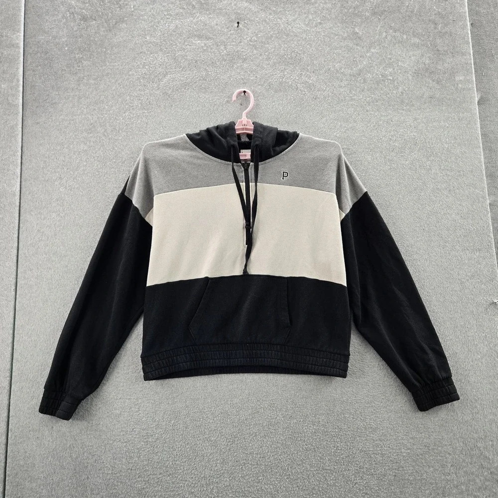 PINK Victoria's Secret Women‎ Hoodie L Black Cropped Colorblock Logo Long Sleeve
